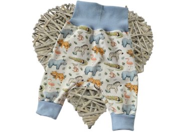 Babyhose Pumphose Handmade Design Zookinder ecru, Bündchen hellblau